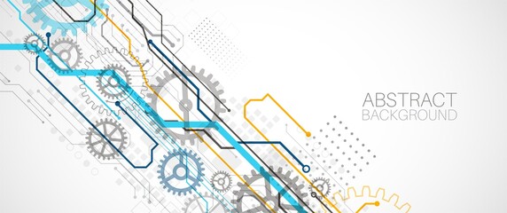 Abstract technology cogwheel concept. Circuit board, high computer color background. Vector illustration with space for content, web - template, business tech presentation.