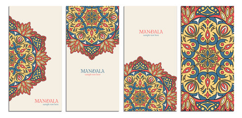 Vintage mandala card set. Blue, yellow and red colors. Circle mandala banner, background. 