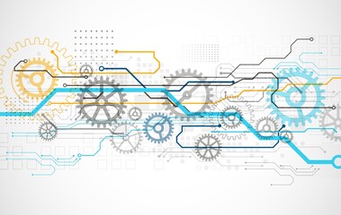 Abstract technology cogwheel concept. Circuit board, high computer color background. Vector illustration with space for content, web - template, business tech presentation.