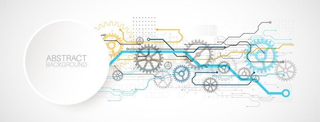 Abstract technology cogwheel concept. Circuit board, high computer color background. Vector illustration with space for content, web - template, business tech presentation.