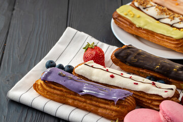 Close up photo of fresh french eclair cake with icing