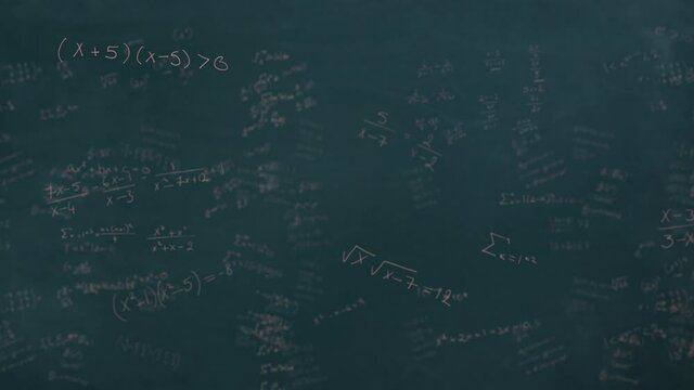 Mathematical equations moving against black board