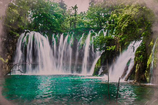 Watercolor effect of beautiful waterfall with turquoise water and green forest in Croatia