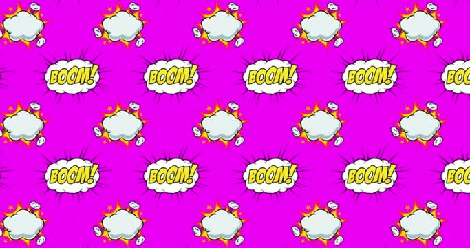 Animation of multiple vintage comic cartoon speech bubbles and clouds with Boom! text moving