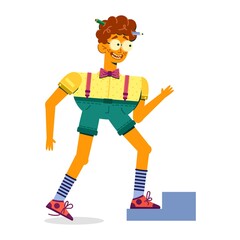 Guy with pencils in his head walking up the stairs