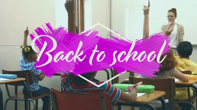 Back To School text over brush stroke against children and teacher in school