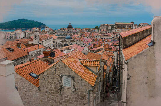 Watercolor effect of view of red rooftops and blue sea from Dubrovnik city wall, Dubrovnik, Croatia. View from above of old town center.