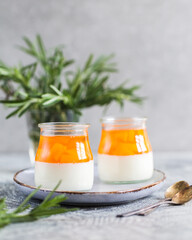 homemade panna cotta with slices of peach and peach jelly in glass jars on a gray concrete...