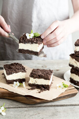 Royal cheesecake with with chocolate crumbs. homemade cottage cheese dessert with chocolate dough