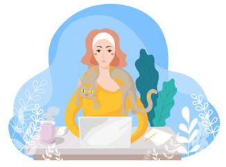 A young girl works on a laptop at home, working at home, freelance, time with a pet. Vector illustration. Isolated. Concept