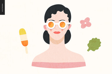 Beautiful people portrait - hand drawn flat style vector design concept illustration of a young brunette woman wearing orange glasses, face and shoulders avatar with texture. Flat style vector icon