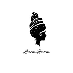 A cute girl and cake from her hear with heart on the top. Vector logo illustration on the white background