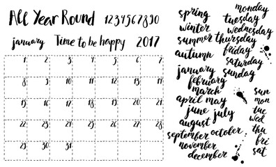 Calendar and planner ink set with months, seasons, week days