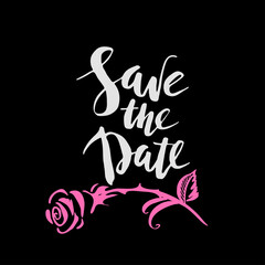 Hand drawn save the date card with rose and lettering