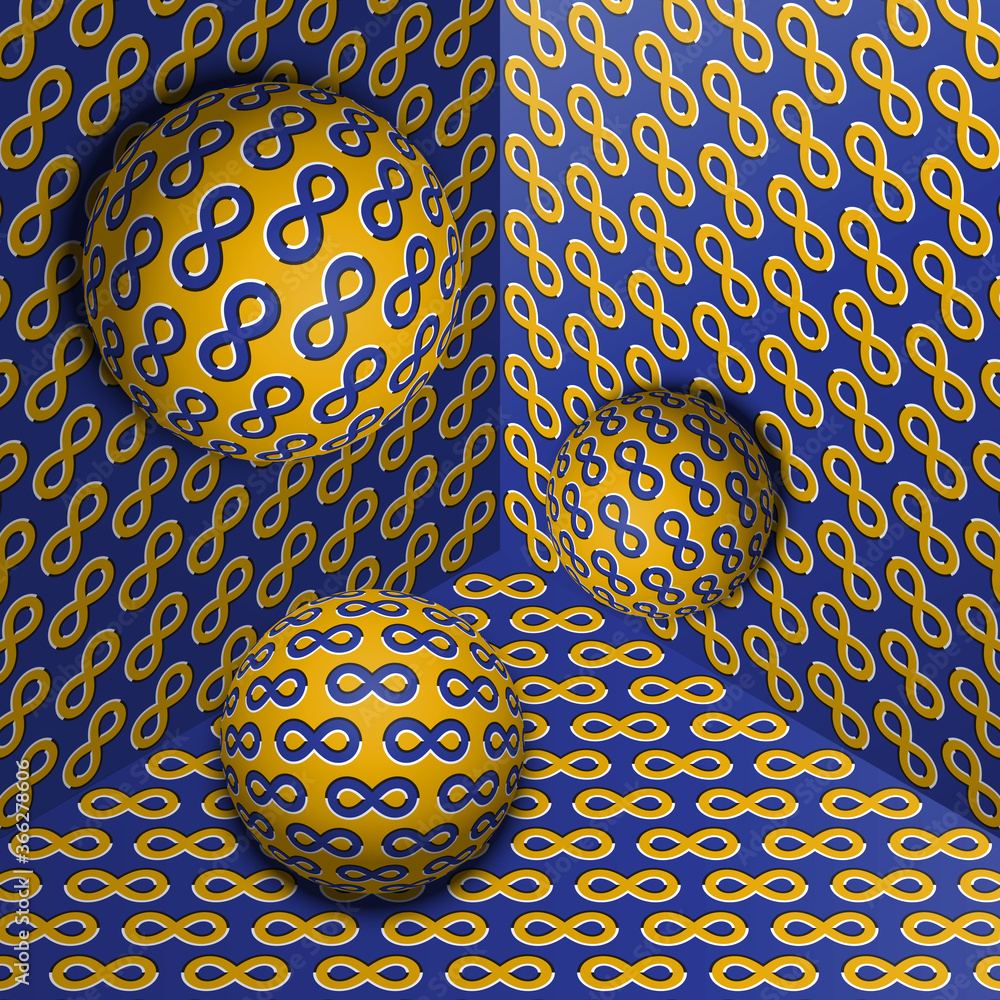 Aufkleber three spheres move in corner. optical illusion abstraction of infinity symbols pattern.