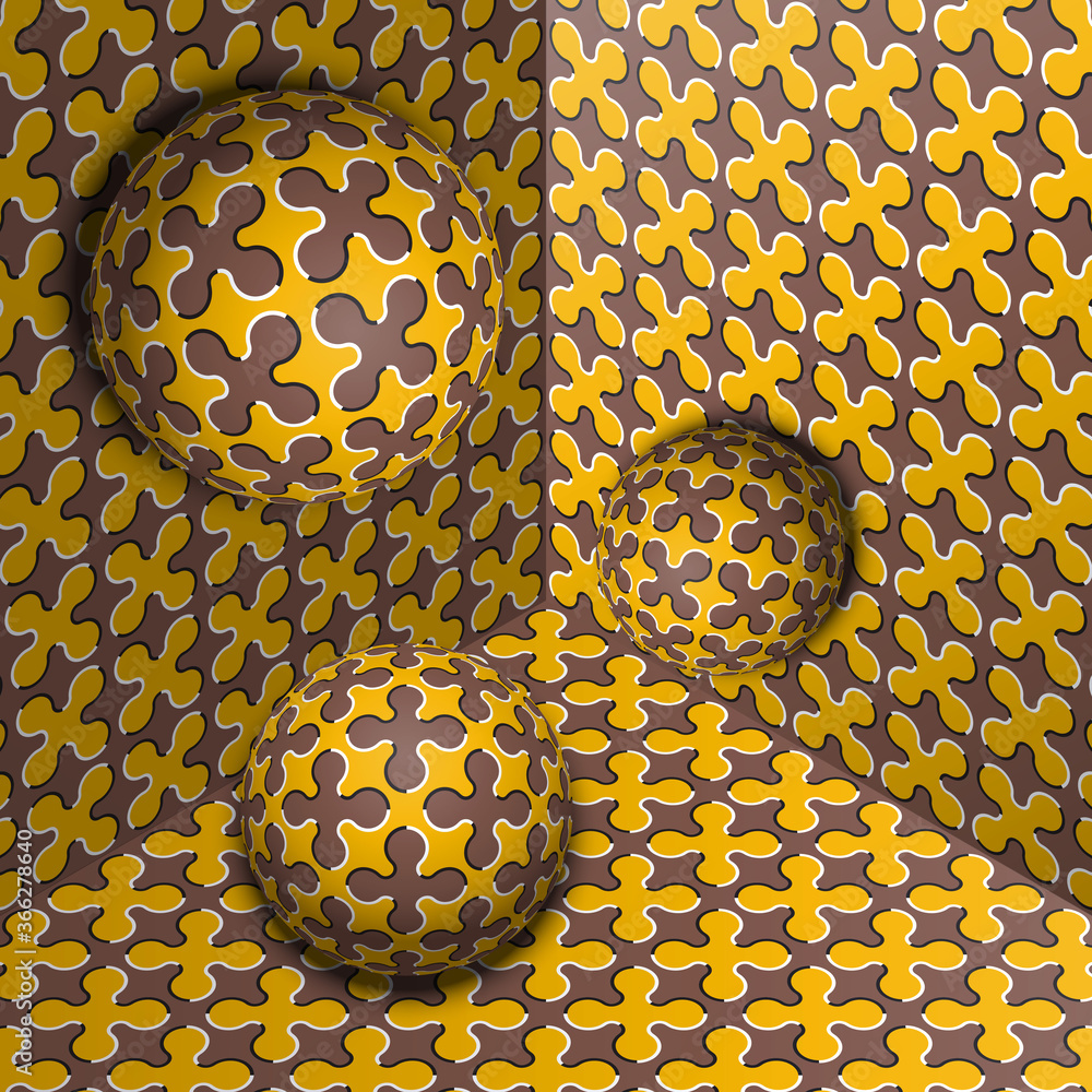 Aufkleber three spheres move in corner. optical illusion abstraction of cruciform shapes pattern.