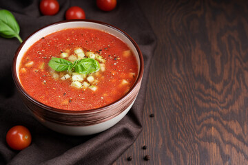 Gazpacho soup made of pureed red tomatoes decorated with basil leaves and chopped cucumber in a bowl standing on brown towel on dark wooden table. Image with copy space, horizontal orientation