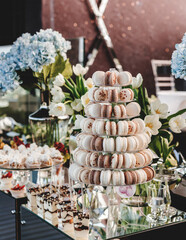 Vanilla and chocolate macaroons on holiday background with flowers. Wedding dessert, meringues, cupcakes, muffins, cakes and sweetness, candy bar