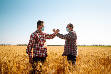 Farmers in sterile medical mask bump elbows to avoid coronavirus in field of wheat. Covid- 2019....