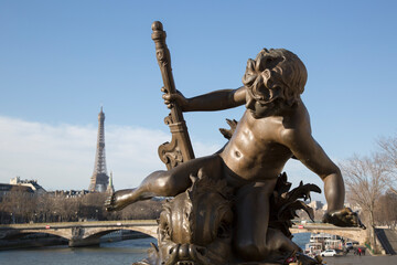 Sculpture and Eiffel Tower at Pont; Alexandre III Bridge; Paris