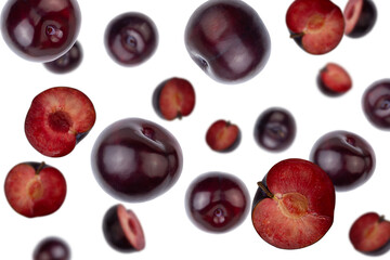 Falling plums isolated on a white background with clipping path. Flying food, fruit. Top view