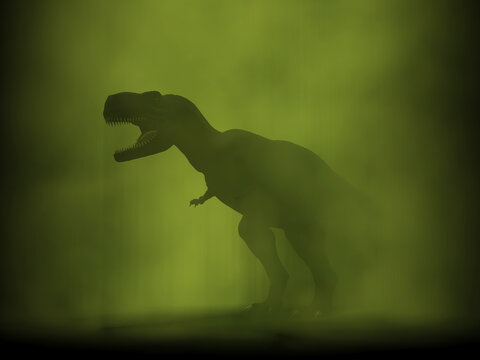 Tyrannosaurus rex in the fog. Mysterious dark background. 3d illustration