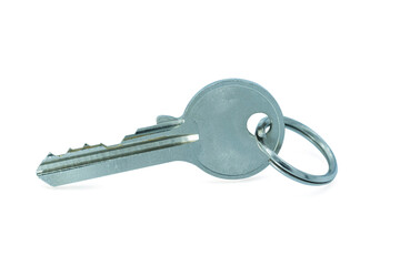 Door silver key house with house shaped metal keychain on white background with clipping path. Real estate concept for buying a new home.