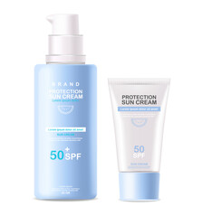 Sun cream bottle 3d realistic isolated,  packaging mockup, protection sun cream, spf 50 summer cosmetics vector illustration