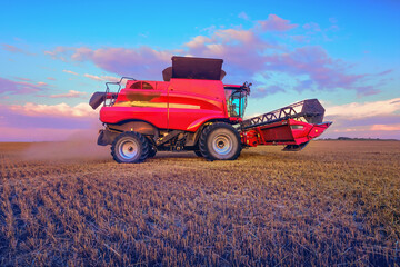 Harvesting cereals in the field, combine harvester close-up. Bright, morning, summer landscape at...