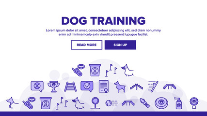 Dog Training Equipment Landing Web Page Header Banner Template Vector. Animal Dog With Muzzle And Medal, Certificate And Award, Stick And Ball Illustrations
