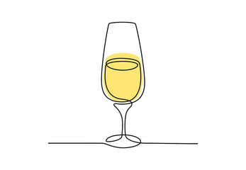 Glass of champagne in continuous one line art drawing style. Hand drwn cocktail glass sketch isolated on white background for logo and posters. Minimalist design vector illustration