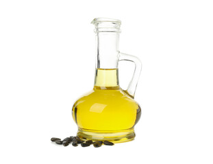 Glass jar of oil and seeds isolated on white background