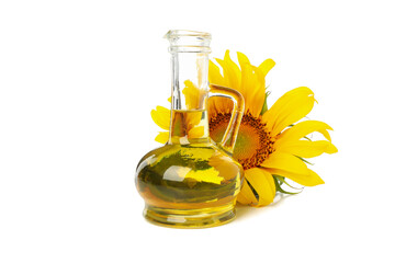 Sunflower, seeds and oil isolated on white background