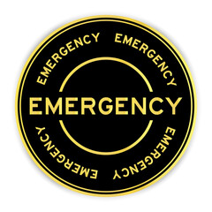 Black and gold color round sticker with word on white background