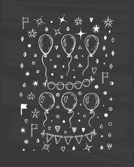 Holiday and Birthday Design Elements Vector Set. Hand Drawn Doodle Balloons, Buntings Flags, Confetti pieces, Stars. Festive Invitation Card Template
