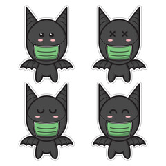 set of cute bat cartoon wearing a mask vector illustration 
