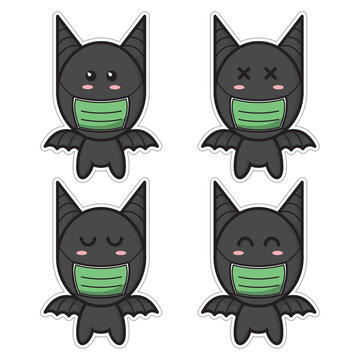 set of cute bat cartoon wearing a mask vector illustration 