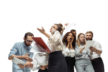 Panic. Nervous tensioned investors analyzing crisis stock market with charts on their gadgets....