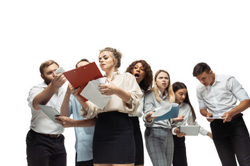 Panic. Nervous tensioned investors analyzing crisis stock market with charts on their gadgets. Defaulted, crisis of exchange markets and funds. Overly concerned men and women with gadgets, papers.