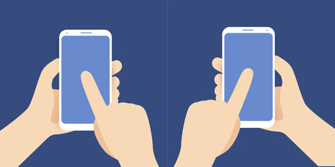 hands holding smartphone. Flat illustration of mockup smartphone. Hand handling phone. Phone in hands icon set. Slide, touch screen, rotate, swipe, zoom, scroll. 