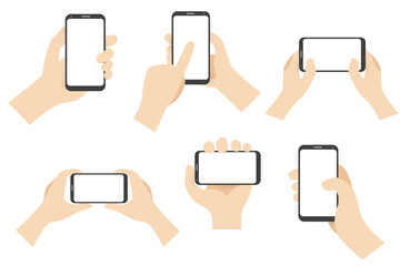 Obraz na płótnie Canvas Icon set of hands holding smartphone. Flat illustration of mockup smartphone. Hand handling phone. Phone in hands icon set. Slide, touch screen, rotate, swipe, zoom, scroll. 