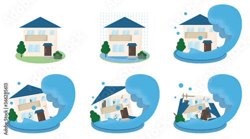 水害を受ける住宅のベクターイラストセット Wall Mural Icim 水害を受ける住宅のベクターイラストセット Wall Mural Icim