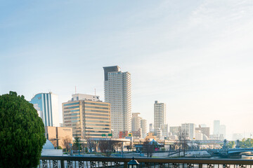 Obraz premium OSAKA, JAPAN - January 14, 2020: Street view of Modern architecture in Osaka, Japan