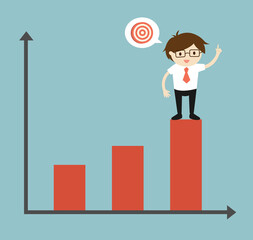 Business concept, Businessman is standing on the top chart thinking about target. Vector illustration.