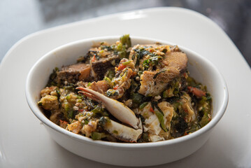 A close up image of seafood okra