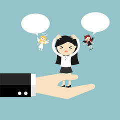 Business concept, Business woman with angel and devil and bubble speech, standing on big hand. Vector illustration.