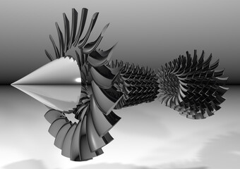 Model of a turbojet engine with contours on a white background.Textura titanium blades 3d render illustration.