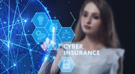 Business, Technology, Internet and network concept. Young businessman working on a virtual screen of the future and sees the inscription: Cyber insurance