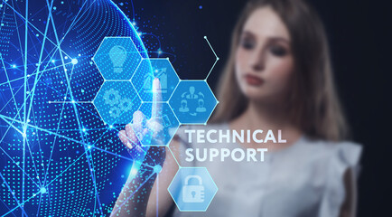 Business, Technology, Internet and network concept. Young businessman working on a virtual screen of the future and sees the inscription: Technical support