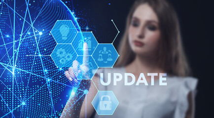 Business, Technology, Internet and network concept. Young businessman working on a virtual screen of the future and sees the inscription: Update